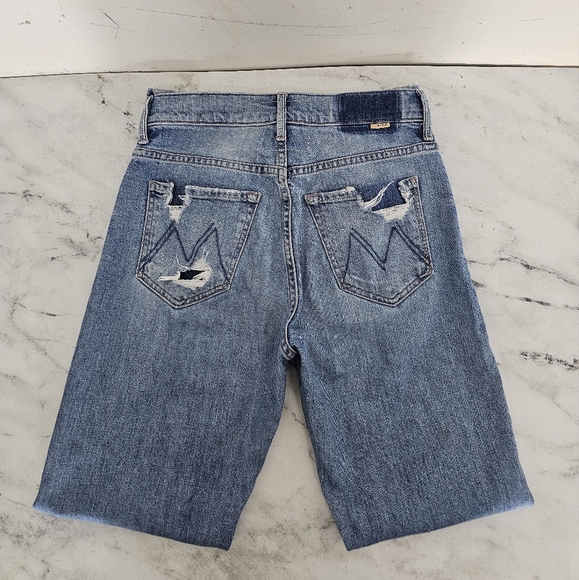 MOTHER High Waisted Hiker Hover High Rise Distressed Straight Leg Blue Jeans 25 - Picture 6 of 11